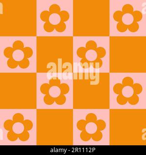 Groovy Checkerboard und Gänseblümchen mit nahtlosem Muster. Geometrischer Vektorhintergrund im 1970er-Hippie-Retro-Stil für den Druck auf Textilien, Geschenkpapier Stock Vektor