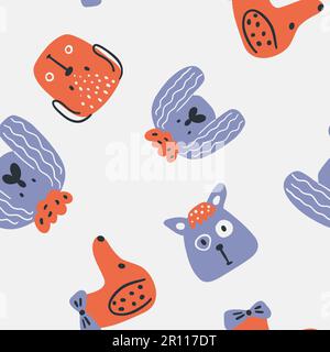 Hunde nahtloses Muster. Niedliche Tiere im einfachen, naiven, handgezeichneten, trendigen skandinavischen Cartoon-Stil. Stock Vektor