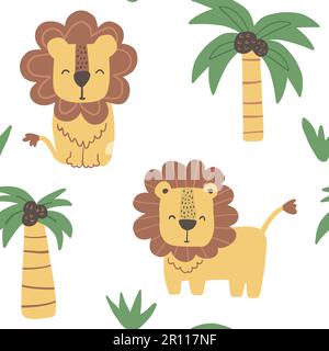 Vector color hand-drawn seamless repeating childish cute pattern with lions in Scandinavian style on a white background. Stock Vektor