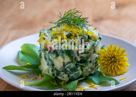 Gesunder Salat aus grünem Lauch, pochiertes Ei, Gurke, Rettich, gekochte Kartoffeln und saure Sahne auf dem Teller, Nahaufnahme. Wilder Knoblauchsalat mit gekochten Eiern Stockfoto
