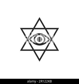 Alles sehende Auge im Pentagramm-Vektor-Grafikstil, Tattoo-Designelement, esoterisches Symbol isoliert Stock Vektor