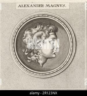 Alexander III. Von Makedon oder Alexander der große, König des antiken griechischen Königreichs von Makedon, 356-323 v. Chr. Jugendchef mit Diadem und Hörnern von Ammon. Alexander Magnus. Copperplate-Gravur nach einer Illustration von Joachim von Sandrart von seiner L’Academia Todesca, della Architectura, Scultura & Pittura, oder Teutsche Academie, der Edlen Bau- Bild- und Mahlerey-Kunste, Deutsche Akademie für Architektur, Skulptur und Gemälde, Jacob von Sandrart, Nürnberg, 1675. Stockfoto