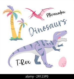 Süßer Dinosaurier, der als Vektor auf Weiß für die Mode von Kindern gezeichnet wird. Palmen und Vulkan. T-Rex. Pteranodon. Stock Vektor