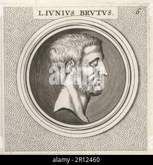 Lucius Junius Brutus, halb-legendärer Gründer der Römischen Republik, 6. Jahrhundert v. Chr. Traditionell eine der ersten Konsultationen im Jahr 509 v. Chr. L. Iunius Brutus. Copperplate-Gravur nach einer Illustration von Joachim von Sandrart von seiner L’Academia Todesca, della Architectura, Scultura & Pittura, oder Teutsche Academie, der Edlen Bau- Bild- und Mahlerey-Kunste, Deutsche Akademie für Architektur, Skulptur und Gemälde, Jacob von Sandrart, Nürnberg, 1675. Stockfoto