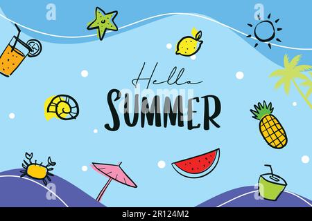 „Hello Summer“, handgemalt mit Dekoration auf blauem Hintergrund. Stock Vektor