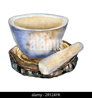 Steinmörtel und Stößel auf Holzständer Aquarell Darstellung isoliert auf Weiß. Schüssel, Küchenutensil für handgezeichnete Kräuter und Gewürze. Design-Element Stockfoto