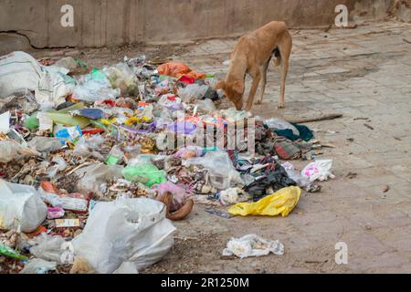 Müllabfälle und Plastik betteln tagsüber aus verschiedenen Blickwinkeln um Liter Stockfoto