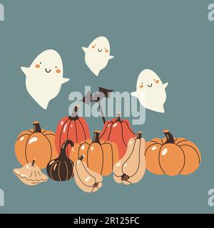 Halloween-Kürbisse und süße kleine Geister. Süße Vektorhandillustrierung. Stock Vektor