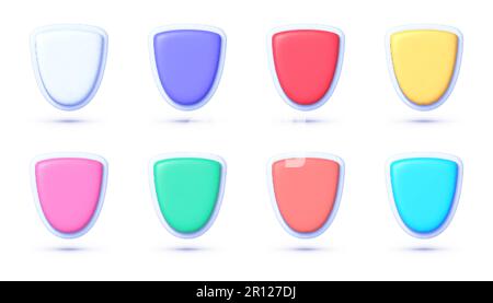 Shield 3D Symbolset für dekoratives Design. Sicherheitsetikett, Prämientrophäe oder Zertifikatvorlage. 3D-Vektordarstellung Stock Vektor