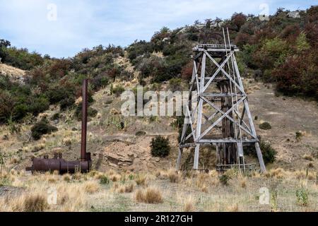 Ein alter Boiler in der Golden Progress Mine, Oturehua, Central Otago, South Island, Neuseeland Stockfoto