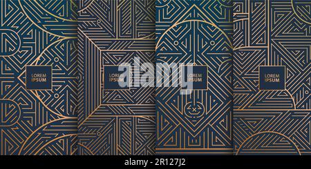 Vector-Liniendesign im trendigen Vintage-Stil, abstrakte geometrische Rahmen im Art déco-Stil, luxuriöse Paketvorlagen mit Blättern. Für die Hochzeit Stock Vektor