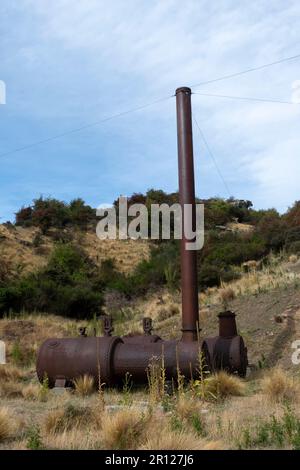 Ein alter Boiler in der Golden Progress Mine, Oturehua, Central Otago, South Island, Neuseeland Stockfoto