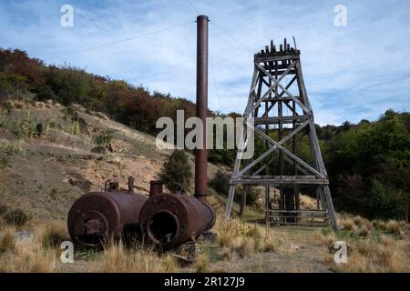 Ein alter Boiler in der Golden Progress Mine, Oturehua, Central Otago, South Island, Neuseeland Stockfoto
