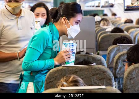 Vietnam Airlines Kabinenbesatzung trägt traditionelle AO dai Uniform auf dem Flug Stockfoto