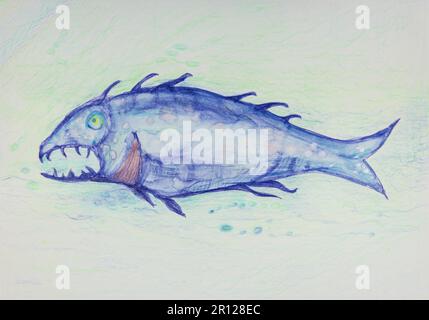 Großer blauer Fantasiefisch im türkisfarbenen Wasser. Die Abtastung in der Nähe der Kanten bewirkt einen Weichfokusseffekt aufgrund der veränderten Oberflächenrauigkeit des p Stockfoto