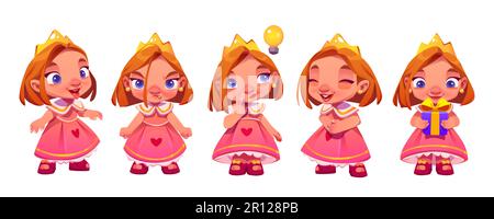 Süße Prinzessinnen-Figur mit Ausdruck, Emotionen isolierten Cartoon-Vektor. Ein kleines lustiges Mädchen in der Krone, das wütend ist, mit einer Glühbirne denkt oder eine Idee hat, die Geschenkbox in der Hand hält und lacht, die Zunge mit Comic-Ikonen zeigt Stock Vektor
