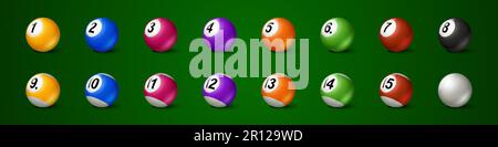 Vektorsatz für die Darstellung des isolierten weißen Kugelvektors des Pools. Snooker- oder Billard-Sportbälle mit sieben, drei, fünfzehn und zehn Zahlen und Streifen. 3D Kugelausrüstungssymbol für Glücksspiele Stock Vektor