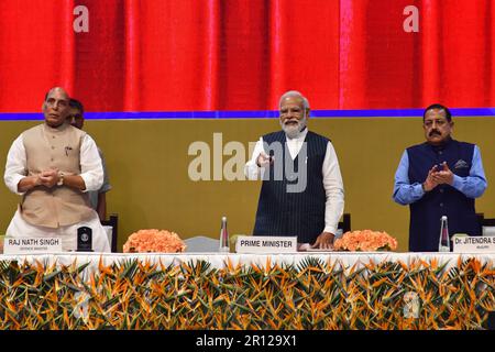 New Delhi, Delhi, Indien. 11. Mai 2023. Ministerpräsident Narendra Modi feiert den Nationalen Technologietag mit Verteidigungsminister Rajnath Singh und Dr. Jitendra Singh, MOS (I/C) Wissenschaft und Technologie, Geowissenschaften, MOS PMO, D/o Weltraum, Atomenergie, DoPT wird auch bei der Veranstaltung und PM veröffentlicht Gedenkstempel und Münze bei dieser Gelegenheit auch PM widmen sich der Nation und legen den Grundstein für neun Projekte, auf dem Pragati Maidan in Neu-Delhi, (Kreditbild: © Ravi Batra/ZUMA Press Wire) NUR REDAKTIONELLE VERWENDUNG! Nicht für den kommerziellen GEBRAUCH! Stockfoto