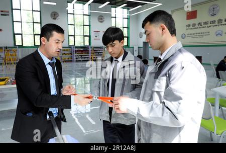 (230511) -- DUSCHANBE, 11. Mai 2023 (Xinhua) -- Ein tadschikischer Professor stellt vor, wie man Stahlrohre an Studenten im Luban Workshop in Duschanbe, Tadschikistan, am 12. April 2023 schweißt. Der Workshop in Luban, der gemeinsam vom chinesischen Urban Construction Management & Vocation Technology College in Tianjin und der Tadschik Technical University gegründet wurde, wurde im November 2022 offiziell in Betrieb genommen. Es erstreckt sich über 1.138 Quadratmeter und ist das erste seiner Art in Zentralasien. Der Workshop, benannt nach Lu Ban, einem alten chinesischen Holzhandwerker, ist ein chinesisches Workshops-Programm, das Talente im Ausland ausbildet, ein Win-Win-Modell Stockfoto