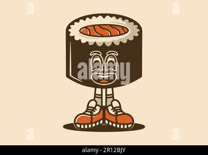 Süße Zeichnung im Vintage-Stil mit Sushi-Rollen-Maskottchen-Figur mit Füßen Stock Vektor