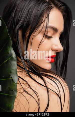 Seitenansicht einer verführerischen jungen Frau mit braunem und nassem Haar, roten Lippen und perfekter Haut, die sich neben verschwommenem tropischen grünen Palmenblatt, isoliert auf gr Stockfoto