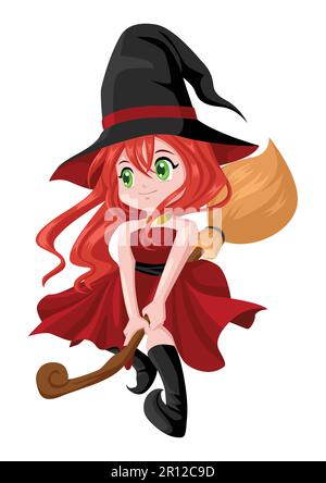 Cartoon-Illustration einer süßen Hexe, die auf ihrem Besen fliegt Stock Vektor