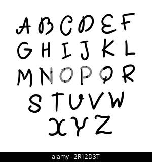 Unregelmäßige Formen Schwarze englische lateinische abc-Schriftart A bis z. Vektordarstellung im handgezeichneten Kritzelstil isoliert auf weißem Hintergrund. Für Karten, Stock Vektor