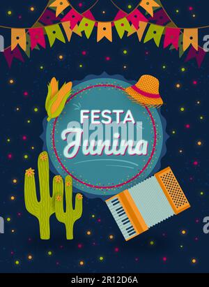 Vertikalposter-Illustration Des Festa Junina Festivals. Juni-Brasilien-Feiertag. Mais, Dorfhut, Kaktus, Akkordeon, Lichter und Dekorationsgrafik. Begrüßung Stockfoto