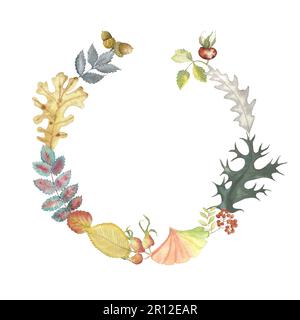 Herbstblätter Aquarell Kranz rund mit Eiche, Hagebutten, aschbeere, Rowan, Sorb, Wilde Asche, Eichel, Espen, Ulme, Ginko, Fantasy Kräuter Hand Stockfoto
