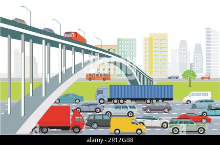 Autobahn mit Lkw und Pkw, Illustration Stock Vektor