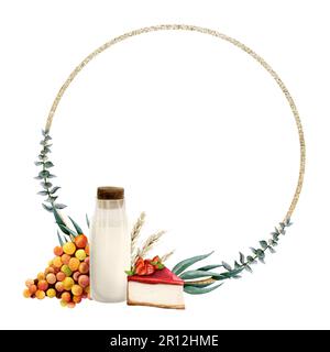 Shavuot Picknick mit rundem Rahmen, Aquarell-Illustration. Grußbanner-Vorlage für jüdische Feiertage mit Milch, Kuchen, Weizen Stockfoto