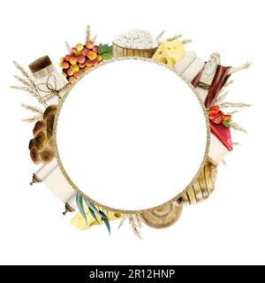 Shavuot-Symbole, traditionelle Speisen, runder goldener Rahmen, Aquarell. Grußvorlage mit Moses, Steintafeln Stockfoto