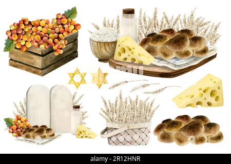 Shavuot Symbole Illustrationspaket. Handgezeichnete Kompositionen und Elemente aus Challah-Brot, Milch, Käse, Trauben Stockfoto