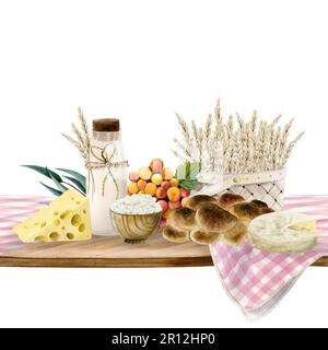 Happy Shavuot nahtloses horizontales Banner mit traditionellem Essen. Jüdische Feiertage mit Aquarell-Illustration und Weizenkorb Stockfoto
