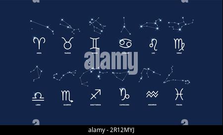Set aus 12 Zodiakzeichen mit Sternbildern, wunderschönes modernes Astrologie-Banner mit blauem Hintergrund, Astronomie und esoterischem, Horoskop Vintage i Stock Vektor