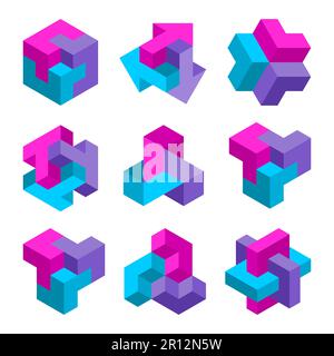 Bunte geometrische Würfelelemente. Gruppe von 3D grafischen Formen. Isometrische Logo-Designvorlage. Blaue, pinkfarbene und violette Objekte. Vektordarstellung Stock Vektor