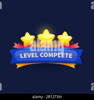 Komplettes Abzeichen oder Symbol mit goldenen Sternen auf Spielebene. Isolierte ui- oder gui-Popup-Bildschirm-Elemente, Schaltflächen, Banner für mobile Apps oder die Oberfläche des Spielmenüs Stock Vektor