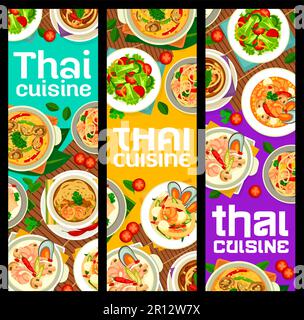 Thailändische Küche Restaurant Mahlzeiten Banner, thailändische und asiatische Gerichte, Vektormenü. Thailändische Küche, Tom Yum Kokosnusssuppe, Nudeln mit Garnelen und Meeresfrüchten shr Stock Vektor