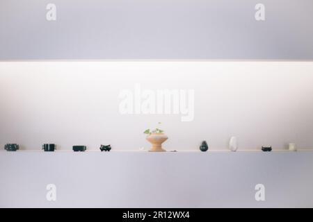 Ein ästhetisch ansprechendes Interieur mit einer Reihe dekorativer Vasen und anderen Kunstwerken, die die Regale und Wände schmücken Stockfoto