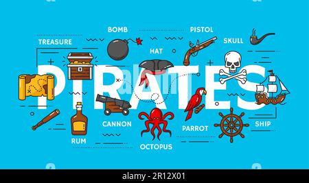 Piraterie. Piraten- und corsair-Symbole. Buccaneer oder Corsaire umreißen Vektorsymbole von Karte, Goldschatztruhe, Rum, Spyglass, Bombe und Kanone, Oktopp Stock Vektor