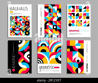Bauhaus-Poster. Geometrische abstrakte Hintergrundmuster mit minimalen abstrakten Formen. Layoutvorlagen für Vektorkunst mit auffälliger Typografie und pri Stock Vektor