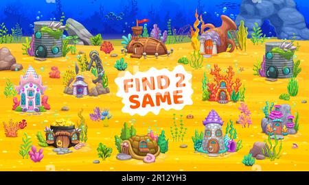 Finde zwei Unterwasserhäuser aus dem märchenhaften Zeichentrickfilm. Vektorspiel-Arbeitsblatt für Kinder mit Cartoon-Meerjungfrauenhäusern. Blechdose, Kanne, Schiff und Schildkrötenschale Stock Vektor