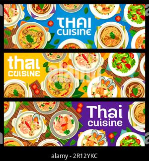 Thailändische Küche, Banner, asiatische Gerichte und thailändische Gerichte. Traditionelle thailändische Küche Suppe, Nudeln und Salate Menü mit Currysauce, Stock Vektor