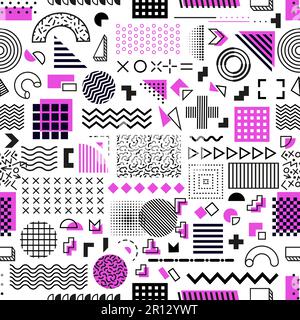 Memphis geometrische Formen nahtloses Muster, Vektorhintergrund abstrakter Linienelemente. Memphis geometrisches Muster von Kreis, Dreieck und violetter Farbe Stock Vektor