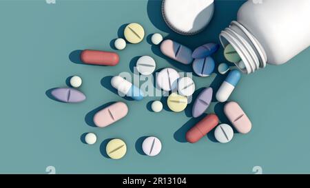 Viele verschiedene Tabletten mit Tablettenflasche Stockfoto