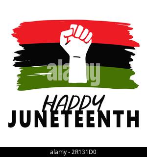 Eine geballte Faust symbolisiert den Freiheitstag und den afroamerikanischen Unabhängigkeitstag mit strukturierter roter, schwarzer und grüner Flagge. Frohe Juneteenth. Vektor Illustratio Stock Vektor