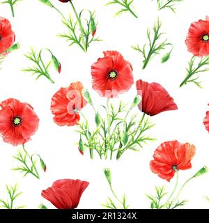Nahtloses Muster mit rotem wildem Mohn. Darstellung in Aquarell isoliert auf Weiß für Textil, Stoff, Verpackung. Stockfoto