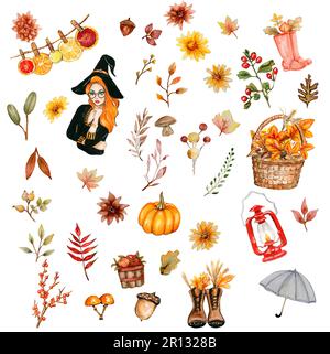 Aquarell handgezeichnete Herbstblätter und Kürbisse. Handgezeichnete Darstellung des Herbstes. Perfekt für Sammelalben, Kinderdesign, Hochzeitseinladung, Poster Stockfoto