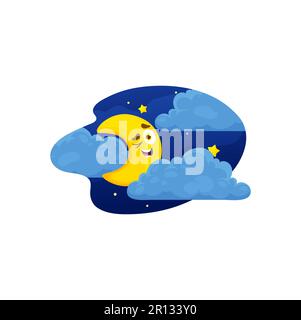 Cartoon-Mond-Figur in Wolken. Vektor-lustige himmlische Persönlichkeit am dunkelblauen Himmel mit gelbem funkelndem Stern. Skurrile, halbmondförmige Augen und ein Lächeln im Sternenraum mit Wolkenlandschaft Stock Vektor