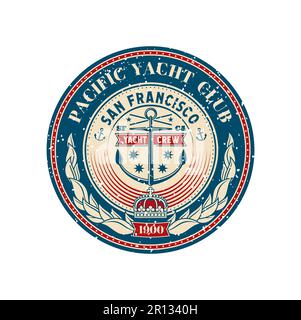 Yachtclub Retro-Patch, Regatta Sport-Abzeichen. Stempel der Yachting Race Crew, nautisches Regatta Vector Symbol oder Marine Adventure Patch. Seenavigation Grunge-Abzeichen mit Anker, Krähe und Lorbeerkranz Stock Vektor